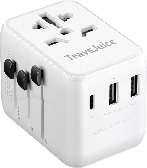 Universal Travel Adapter, TraveJuice International Plug Adapter with USB-C & 2 USB-A Outlet Wall Charger, US to UK, AU, European Travel Plug Adapter, All in One Worldwide Adapter Travel Essentials